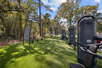 a group of exercise equipment in a park with trees